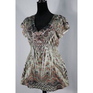 Apt. 9 Petite‎ PM Boho Paisley Lace Back Blouse with Beaded V-Neckline & Elastic